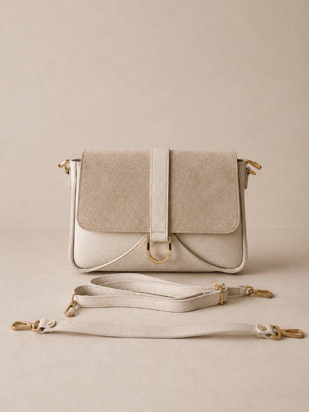 Italian Leather Suede Pebbled Crossbody Shoulder Bag, Cream Beige Two Tone Bag
